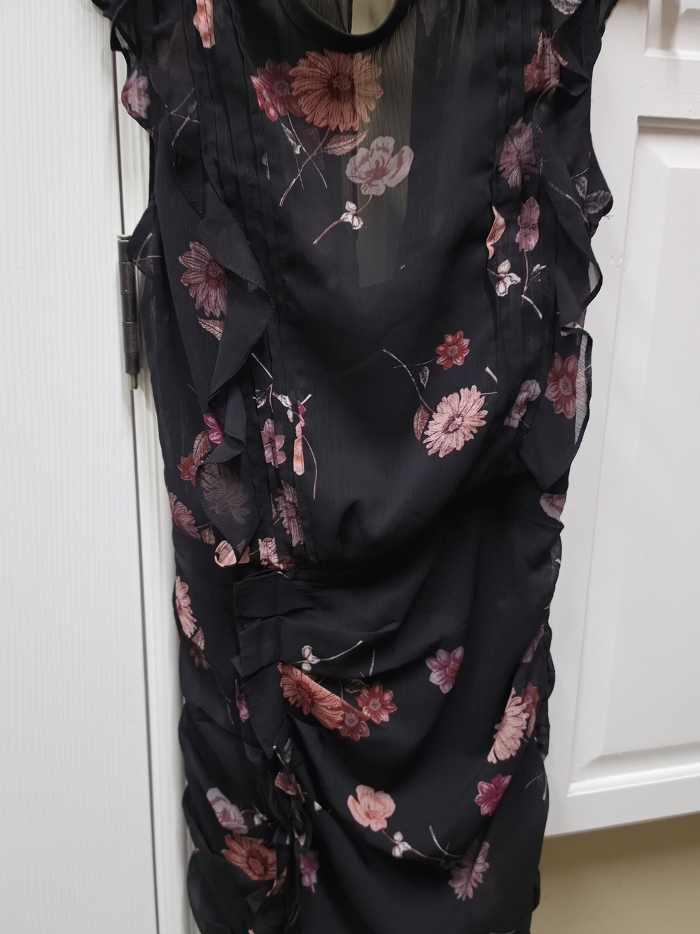 Express Black Floral Ruffled Sheer Top with Pink Accents